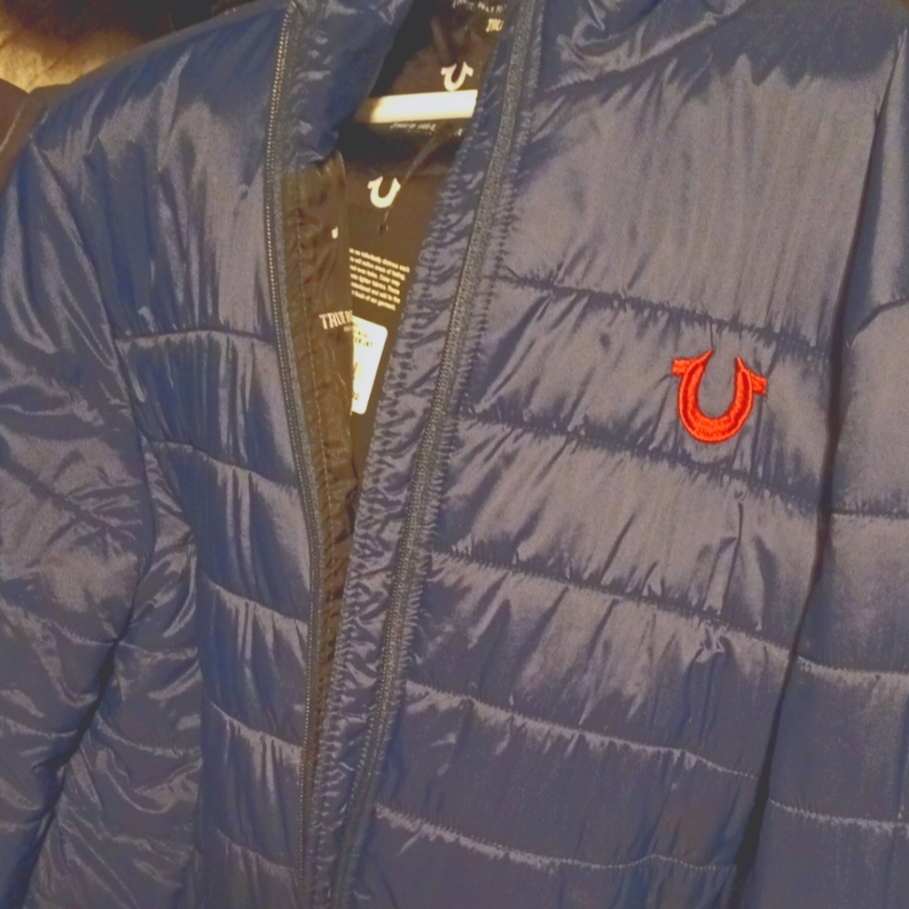True Religion Blue Puffer Jacket with Quilted Design and Front Zip Closure
